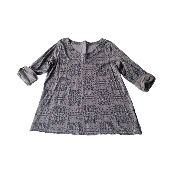 Fresh Produce Pullover Womens M/L Gray Floral Roll Tab Tunic Top - Picture 1 of 5